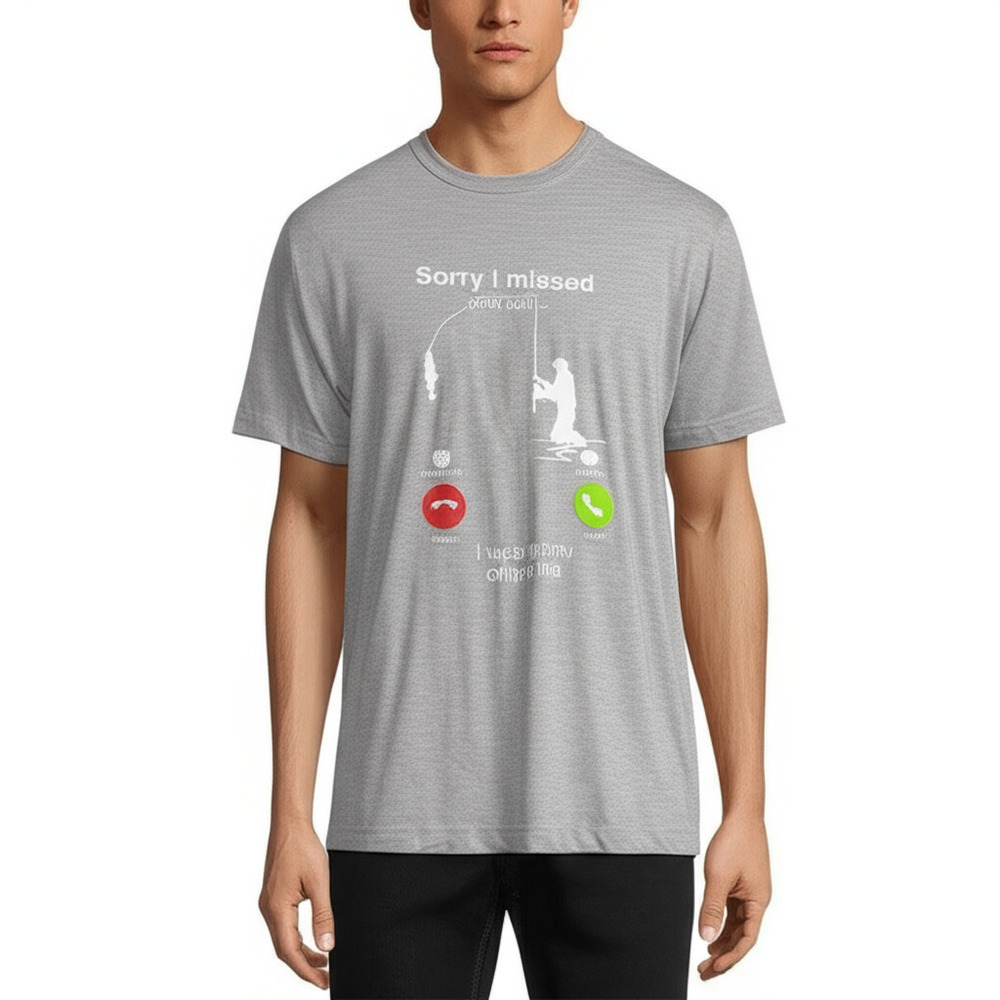 Mens T-shirt 1XL Grey Fishing Graphic Sorry I Missed Your Call Angler Humor‎